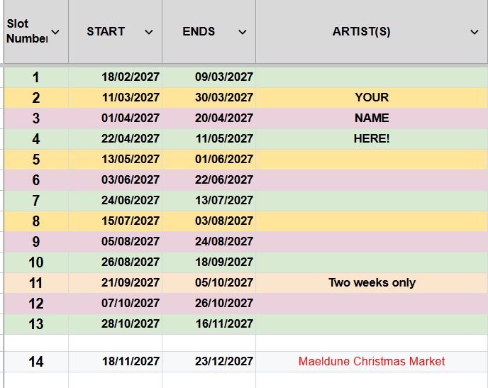 2027 Exhibition schedule