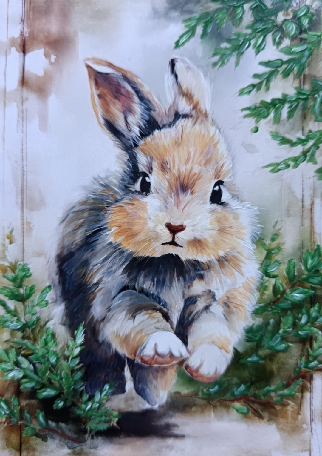 Acrylic image of bunny running towards the viewer