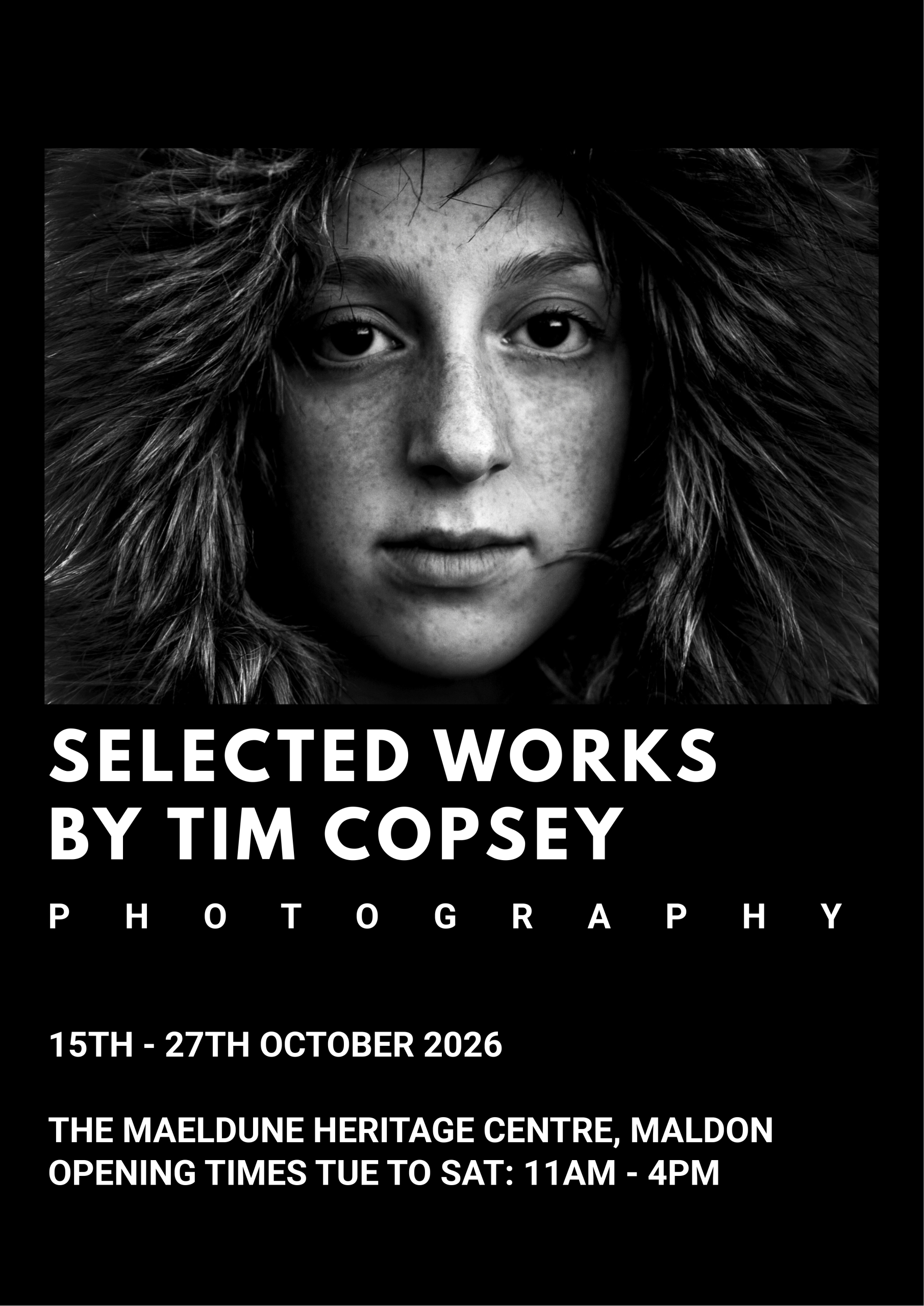 Black and White image of a face enveloped in a hood for Tim Copsey's photographic exhibition at the Maeldune Centre